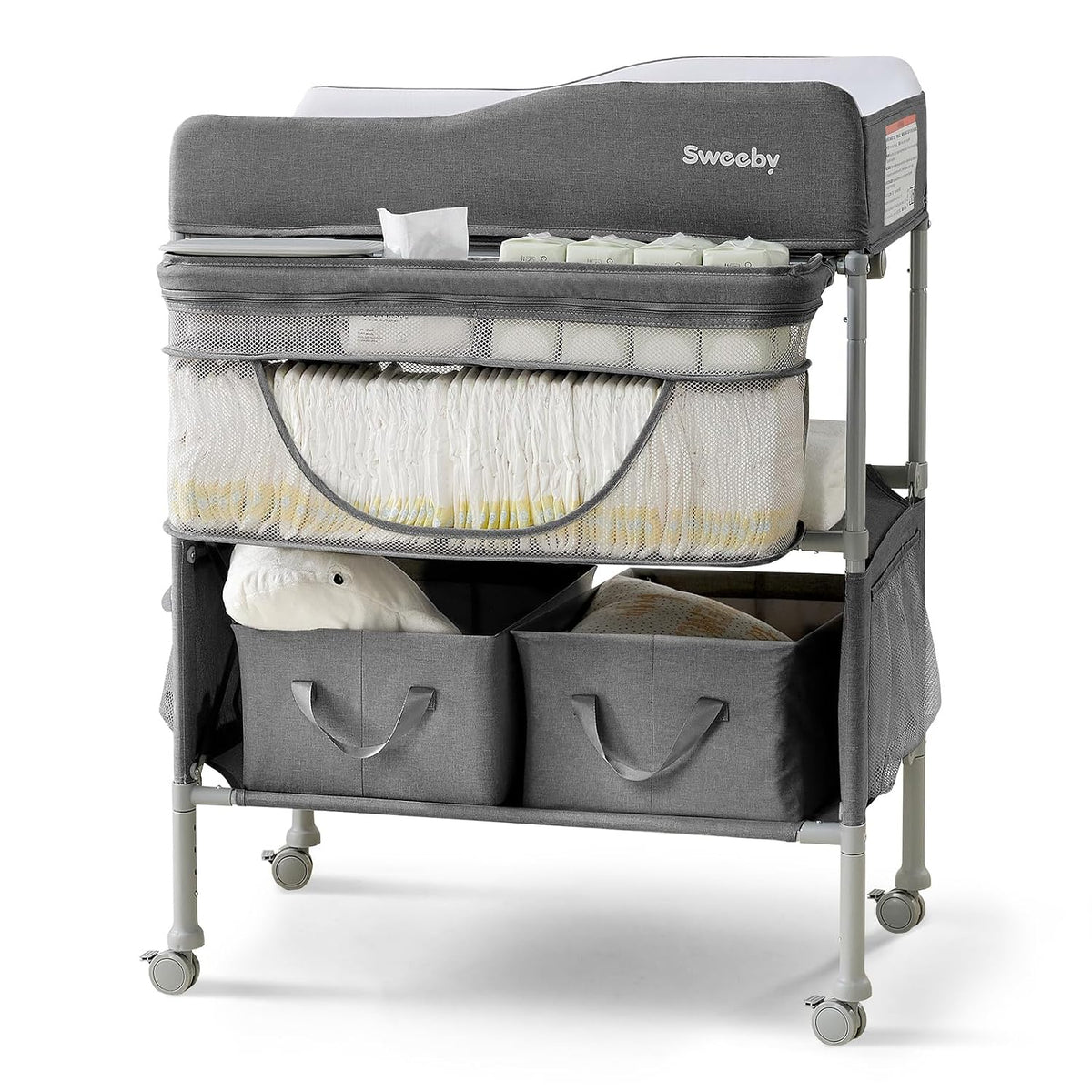 Portable Baby Changing Table, Foldable Changing Table Dresser Changing Station for Infant, Waterproof Diaper Changing Table Pad Topper, Mobile Nursery Organizer for Newborn Essentials,LightGrey