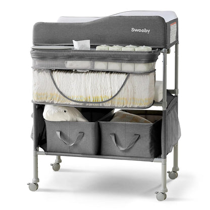 Portable Baby Changing Table, Foldable Changing Table Dresser Changing Station for Infant, Waterproof Diaper Changing Table Pad Topper, Mobile Nursery Organizer for Newborn Essentials,LightGrey