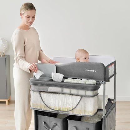 Portable Baby Changing Table, Foldable Changing Table Dresser Changing Station for Infant, Waterproof Diaper Changing Table Pad Topper, Mobile Nursery Organizer for Newborn Essentials,LightGrey