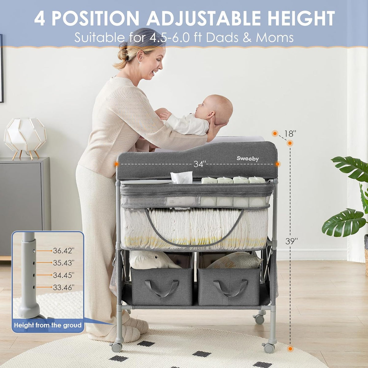 Portable Baby Changing Table, Foldable Changing Table Dresser Changing Station for Infant, Waterproof Diaper Changing Table Pad Topper, Mobile Nursery Organizer for Newborn Essentials,LightGrey