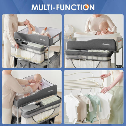 Portable Baby Changing Table, Foldable Changing Table Dresser Changing Station for Infant, Waterproof Diaper Changing Table Pad Topper, Mobile Nursery Organizer for Newborn Essentials,LightGrey