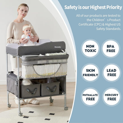 Portable Baby Changing Table, Foldable Changing Table Dresser Changing Station for Infant, Waterproof Diaper Changing Table Pad Topper, Mobile Nursery Organizer for Newborn Essentials,LightGrey
