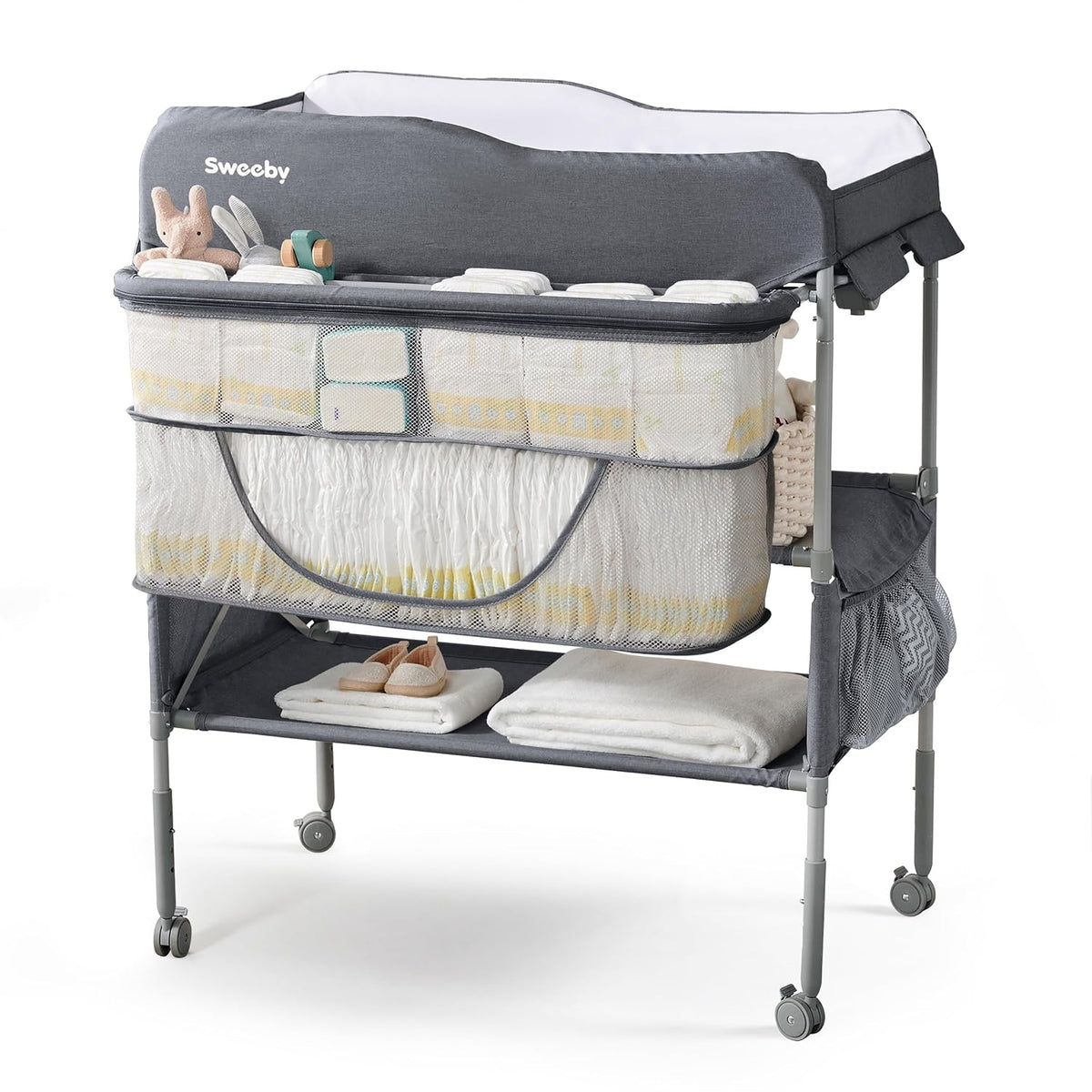 Portable Baby Changing Table, Foldable Changing Table Dresser Changing Station for Infant, Waterproof Diaper Changing Table Pad Topper, Mobile Nursery Organizer for Newborn Essentials,LightGrey