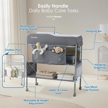 Portable Baby Changing Table, Foldable Changing Table Dresser Changing Station for Infant, Waterproof Diaper Changing Table Pad Topper, Mobile Nursery Organizer for Newborn Essentials,LightGrey