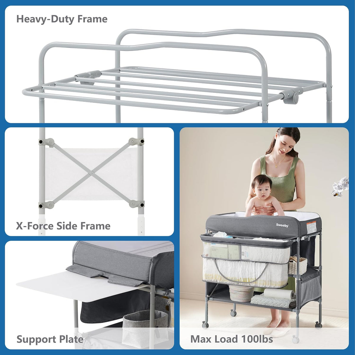 Portable Baby Changing Table, Foldable Changing Table Dresser Changing Station for Infant, Waterproof Diaper Changing Table Pad Topper, Mobile Nursery Organizer for Newborn Essentials,LightGrey