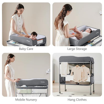 Portable Baby Changing Table, Foldable Changing Table Dresser Changing Station for Infant, Waterproof Diaper Changing Table Pad Topper, Mobile Nursery Organizer for Newborn Essentials,LightGrey