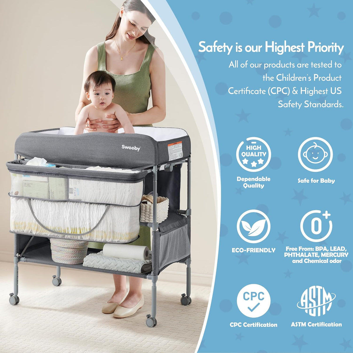 Portable Baby Changing Table, Foldable Changing Table Dresser Changing Station for Infant, Waterproof Diaper Changing Table Pad Topper, Mobile Nursery Organizer for Newborn Essentials,LightGrey