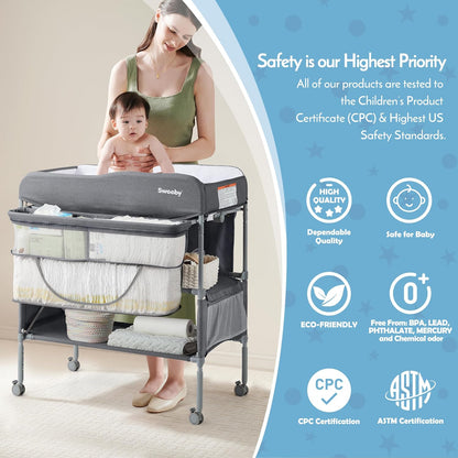 Portable Baby Changing Table, Foldable Changing Table Dresser Changing Station for Infant, Waterproof Diaper Changing Table Pad Topper, Mobile Nursery Organizer for Newborn Essentials,LightGrey