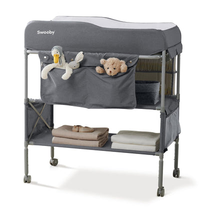 Portable Baby Changing Table, Foldable Changing Table Dresser Changing Station for Infant, Waterproof Diaper Changing Table Pad Topper, Mobile Nursery Organizer for Newborn Essentials,LightGrey