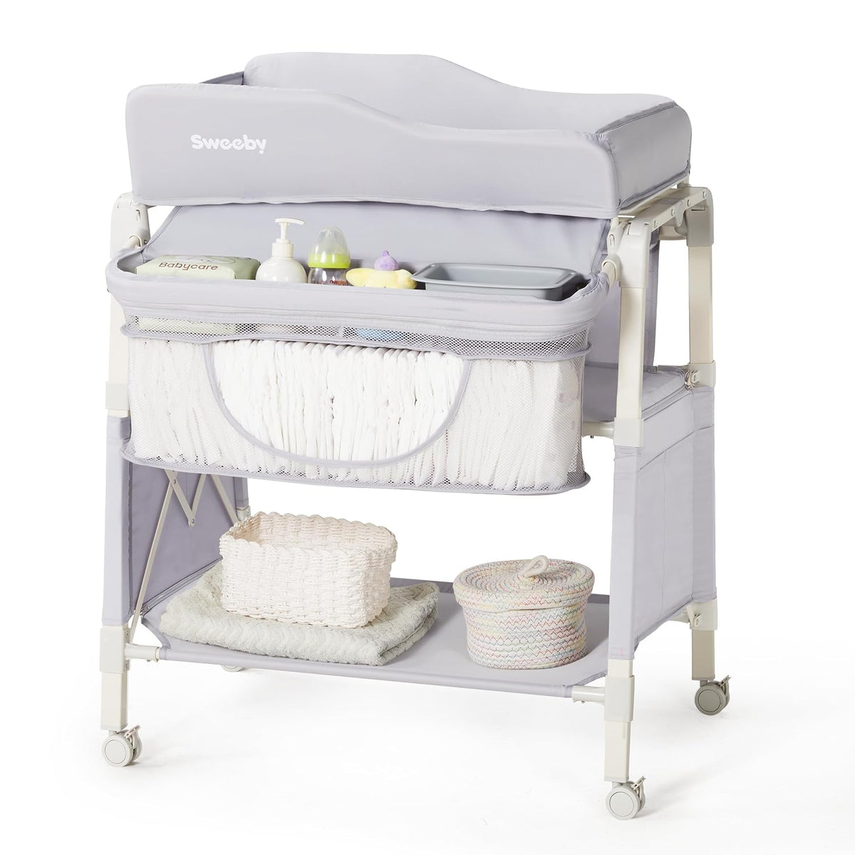 Portable Baby Changing Table, Foldable Changing Table Dresser Changing Station for Infant, Waterproof Diaper Changing Table Pad Topper, Mobile Nursery Organizer for Newborn Essentials,LightGrey