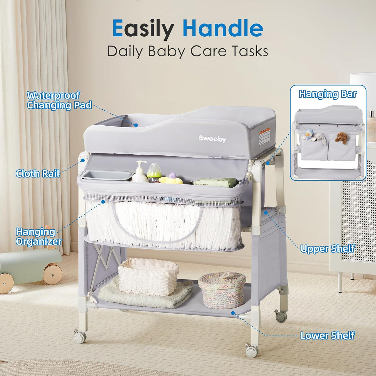 Portable Baby Changing Table, Foldable Changing Table Dresser Changing Station for Infant, Waterproof Diaper Changing Table Pad Topper, Mobile Nursery Organizer for Newborn Essentials,LightGrey