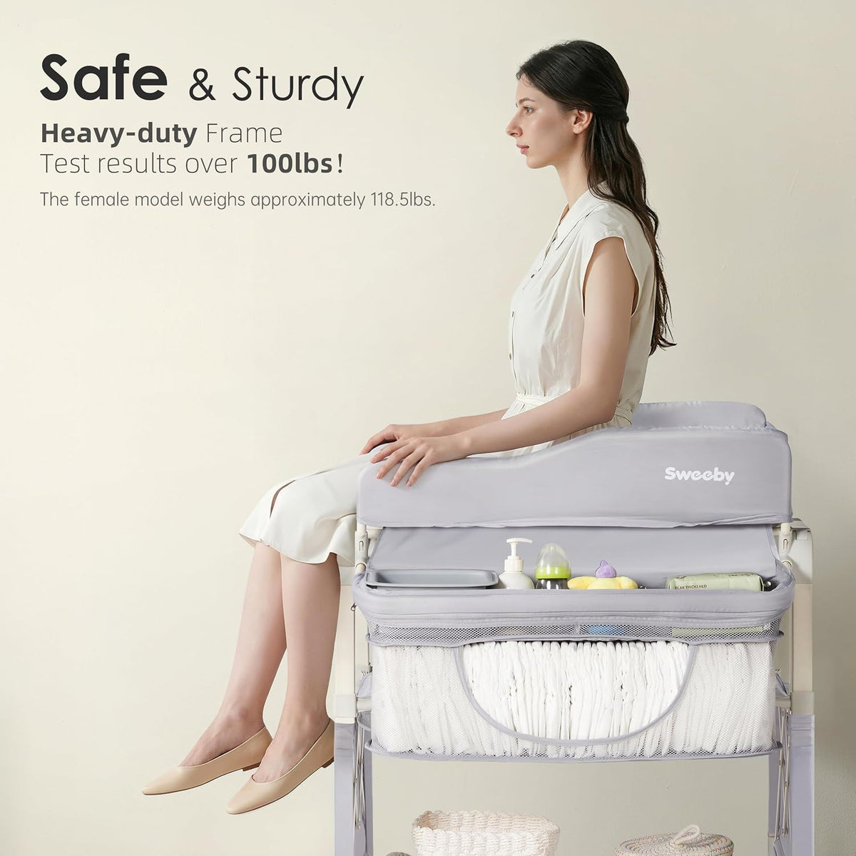 Portable Baby Changing Table, Foldable Changing Table Dresser Changing Station for Infant, Waterproof Diaper Changing Table Pad Topper, Mobile Nursery Organizer for Newborn Essentials,LightGrey