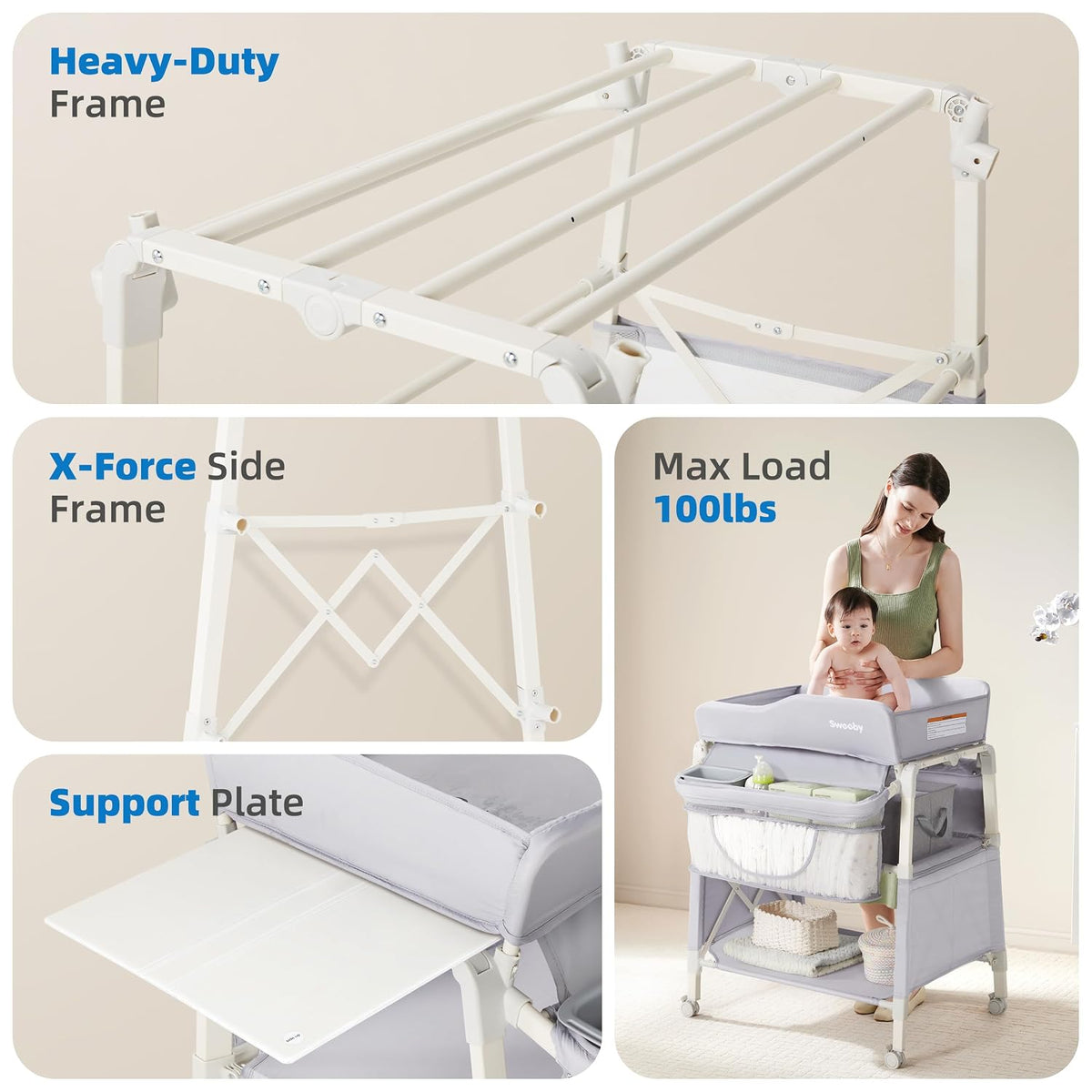 Portable Baby Changing Table, Foldable Changing Table Dresser Changing Station for Infant, Waterproof Diaper Changing Table Pad Topper, Mobile Nursery Organizer for Newborn Essentials,LightGrey