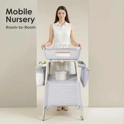 Portable Baby Changing Table, Foldable Changing Table Dresser Changing Station for Infant, Waterproof Diaper Changing Table Pad Topper, Mobile Nursery Organizer for Newborn Essentials,LightGrey