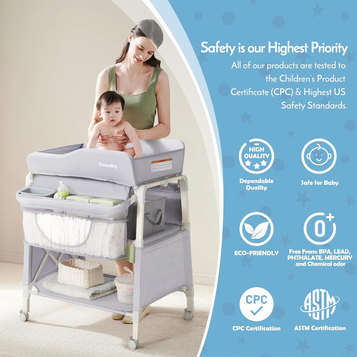 Portable Baby Changing Table, Foldable Changing Table Dresser Changing Station for Infant, Waterproof Diaper Changing Table Pad Topper, Mobile Nursery Organizer for Newborn Essentials,LightGrey