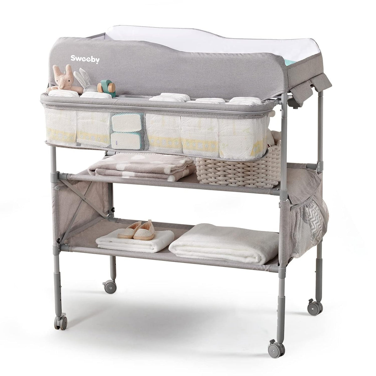 Portable Baby Changing Table, Foldable Changing Table Dresser Changing Station for Infant, Waterproof Diaper Changing Table Pad Topper, Mobile Nursery Organizer for Newborn Essentials,LightGrey