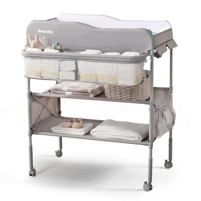 Portable Baby Changing Table, Foldable Changing Table Dresser Changing Station for Infant, Waterproof Diaper Changing Table Pad Topper, Mobile Nursery Organizer for Newborn Essentials,LightGrey