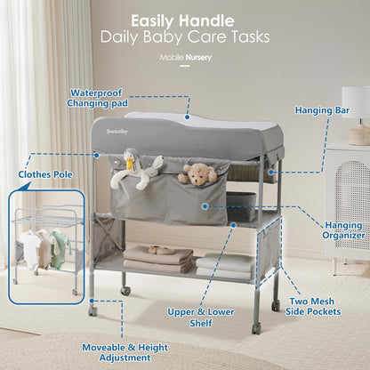 Portable Baby Changing Table, Foldable Changing Table Dresser Changing Station for Infant, Waterproof Diaper Changing Table Pad Topper, Mobile Nursery Organizer for Newborn Essentials,LightGrey