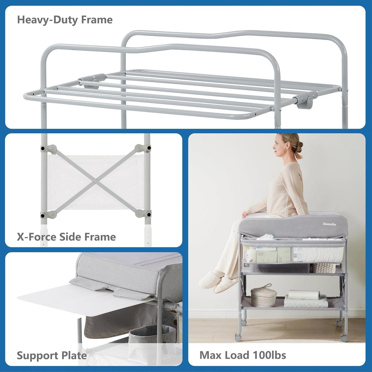 Portable Baby Changing Table, Foldable Changing Table Dresser Changing Station for Infant, Waterproof Diaper Changing Table Pad Topper, Mobile Nursery Organizer for Newborn Essentials,LightGrey