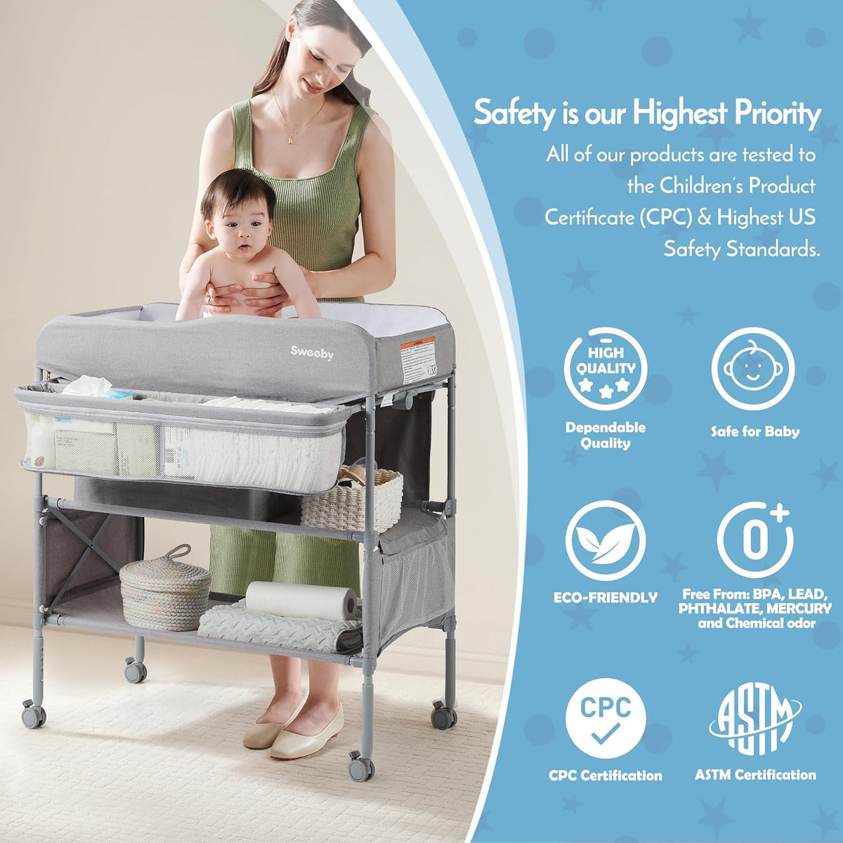 Portable Baby Changing Table, Foldable Changing Table Dresser Changing Station for Infant, Waterproof Diaper Changing Table Pad Topper, Mobile Nursery Organizer for Newborn Essentials,LightGrey