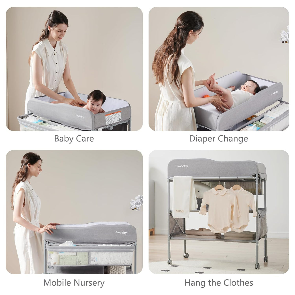 Portable Baby Changing Table, Foldable Changing Table Dresser Changing Station for Infant, Waterproof Diaper Changing Table Pad Topper, Mobile Nursery Organizer for Newborn Essentials,LightGrey