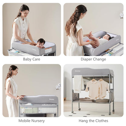 Portable Baby Changing Table, Foldable Changing Table Dresser Changing Station for Infant, Waterproof Diaper Changing Table Pad Topper, Mobile Nursery Organizer for Newborn Essentials,LightGrey