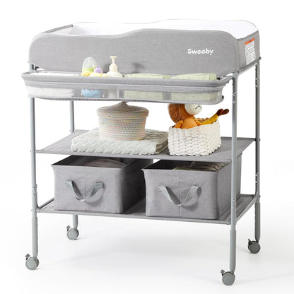 Portable Baby Changing Table, Foldable Changing Table Dresser Changing Station for Infant, Waterproof Diaper Changing Table Pad Topper, Mobile Nursery Organizer for Newborn Essentials,LightGrey