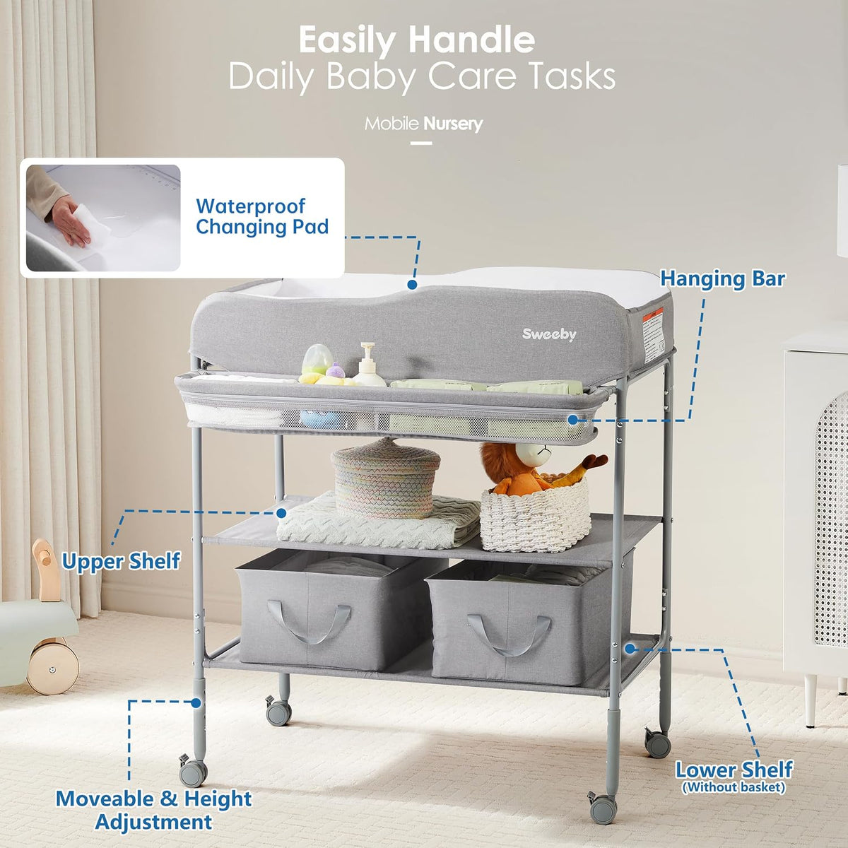 Portable Baby Changing Table, Foldable Changing Table Dresser Changing Station for Infant, Waterproof Diaper Changing Table Pad Topper, Mobile Nursery Organizer for Newborn Essentials,LightGrey