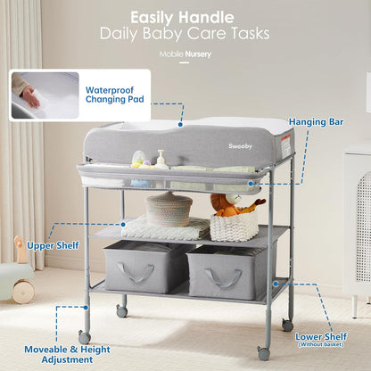 Portable Baby Changing Table, Foldable Changing Table Dresser Changing Station for Infant, Waterproof Diaper Changing Table Pad Topper, Mobile Nursery Organizer for Newborn Essentials,LightGrey