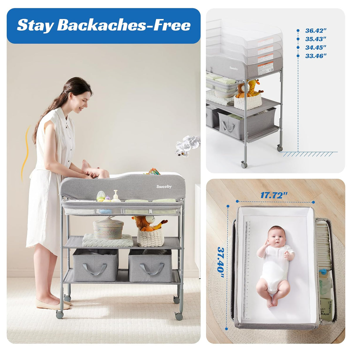 Portable Baby Changing Table, Foldable Changing Table Dresser Changing Station for Infant, Waterproof Diaper Changing Table Pad Topper, Mobile Nursery Organizer for Newborn Essentials,LightGrey