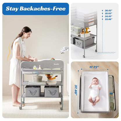 Portable Baby Changing Table, Foldable Changing Table Dresser Changing Station for Infant, Waterproof Diaper Changing Table Pad Topper, Mobile Nursery Organizer for Newborn Essentials,LightGrey