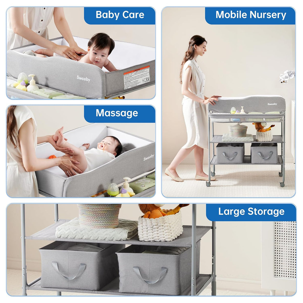 Portable Baby Changing Table, Foldable Changing Table Dresser Changing Station for Infant, Waterproof Diaper Changing Table Pad Topper, Mobile Nursery Organizer for Newborn Essentials,LightGrey