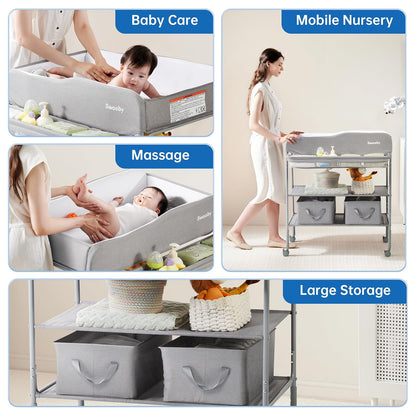 Portable Baby Changing Table, Foldable Changing Table Dresser Changing Station for Infant, Waterproof Diaper Changing Table Pad Topper, Mobile Nursery Organizer for Newborn Essentials,LightGrey