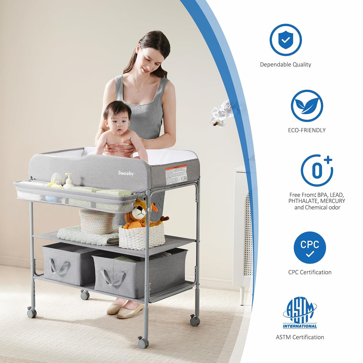 Portable Baby Changing Table, Foldable Changing Table Dresser Changing Station for Infant, Waterproof Diaper Changing Table Pad Topper, Mobile Nursery Organizer for Newborn Essentials,LightGrey
