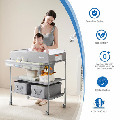 Portable Baby Changing Table, Foldable Changing Table Dresser Changing Station for Infant, Waterproof Diaper Changing Table Pad Topper, Mobile Nursery Organizer for Newborn Essentials,LightGrey