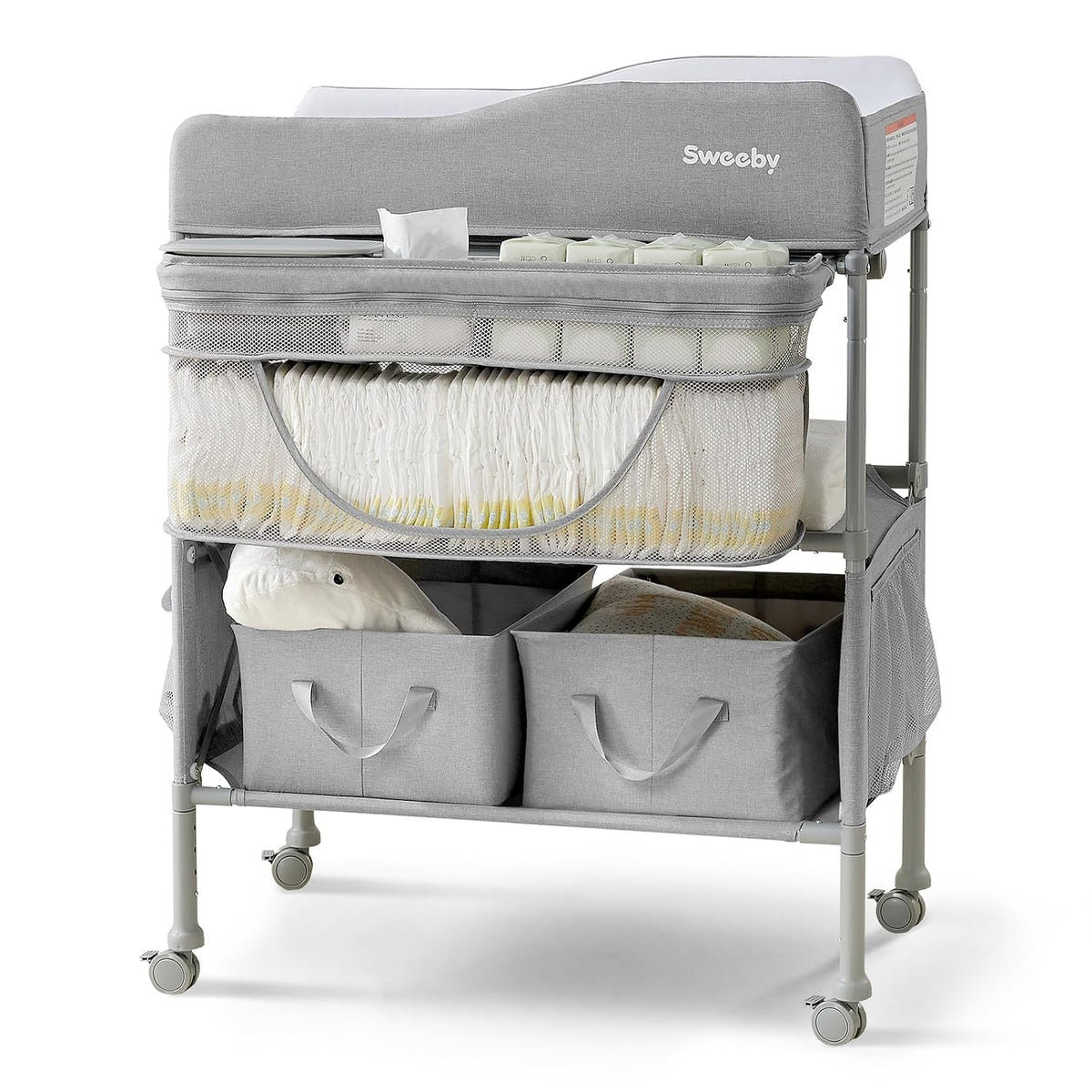 Portable Baby Changing Table, Foldable Changing Table Dresser Changing Station for Infant, Waterproof Diaper Changing Table Pad Topper, Mobile Nursery Organizer for Newborn Essentials,LightGrey