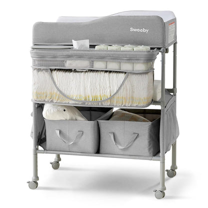 Portable Baby Changing Table, Foldable Changing Table Dresser Changing Station for Infant, Waterproof Diaper Changing Table Pad Topper, Mobile Nursery Organizer for Newborn Essentials,LightGrey