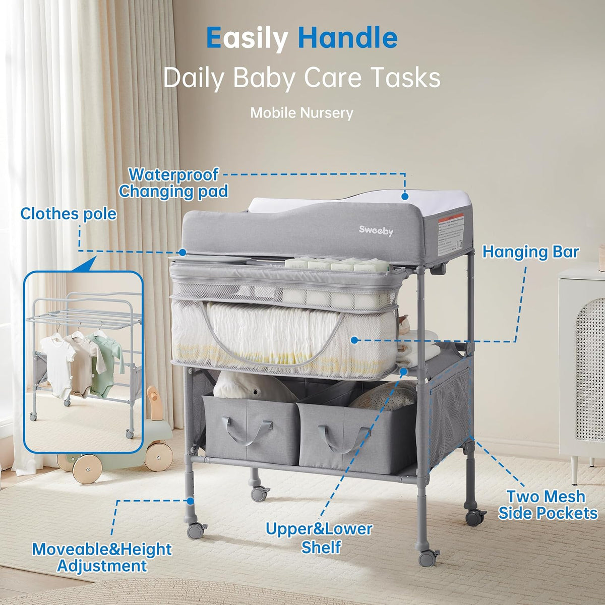 Portable Baby Changing Table, Foldable Changing Table Dresser Changing Station for Infant, Waterproof Diaper Changing Table Pad Topper, Mobile Nursery Organizer for Newborn Essentials,LightGrey