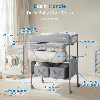 Portable Baby Changing Table, Foldable Changing Table Dresser Changing Station for Infant, Waterproof Diaper Changing Table Pad Topper, Mobile Nursery Organizer for Newborn Essentials,LightGrey