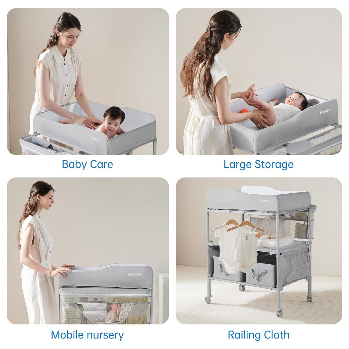 Portable Baby Changing Table, Foldable Changing Table Dresser Changing Station for Infant, Waterproof Diaper Changing Table Pad Topper, Mobile Nursery Organizer for Newborn Essentials,LightGrey