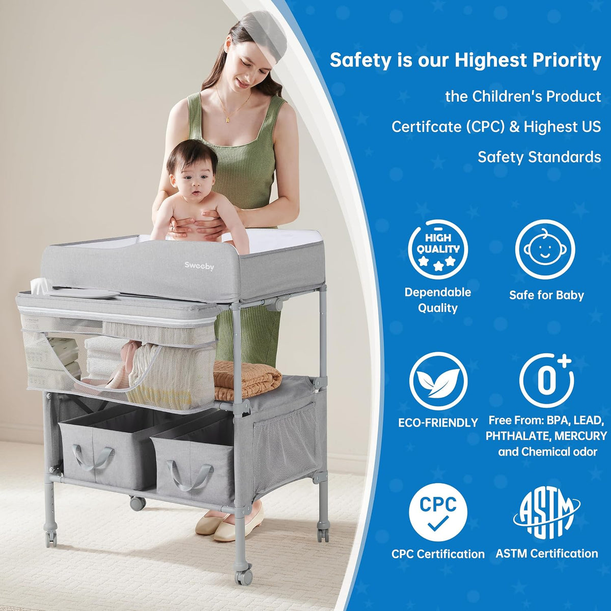 Portable Baby Changing Table, Foldable Changing Table Dresser Changing Station for Infant, Waterproof Diaper Changing Table Pad Topper, Mobile Nursery Organizer for Newborn Essentials,LightGrey