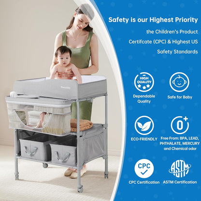 Portable Baby Changing Table, Foldable Changing Table Dresser Changing Station for Infant, Waterproof Diaper Changing Table Pad Topper, Mobile Nursery Organizer for Newborn Essentials,LightGrey
