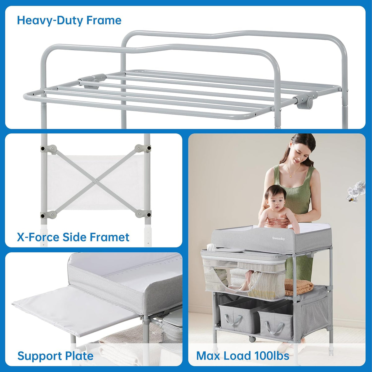 Portable Baby Changing Table, Foldable Changing Table Dresser Changing Station for Infant, Waterproof Diaper Changing Table Pad Topper, Mobile Nursery Organizer for Newborn Essentials,LightGrey