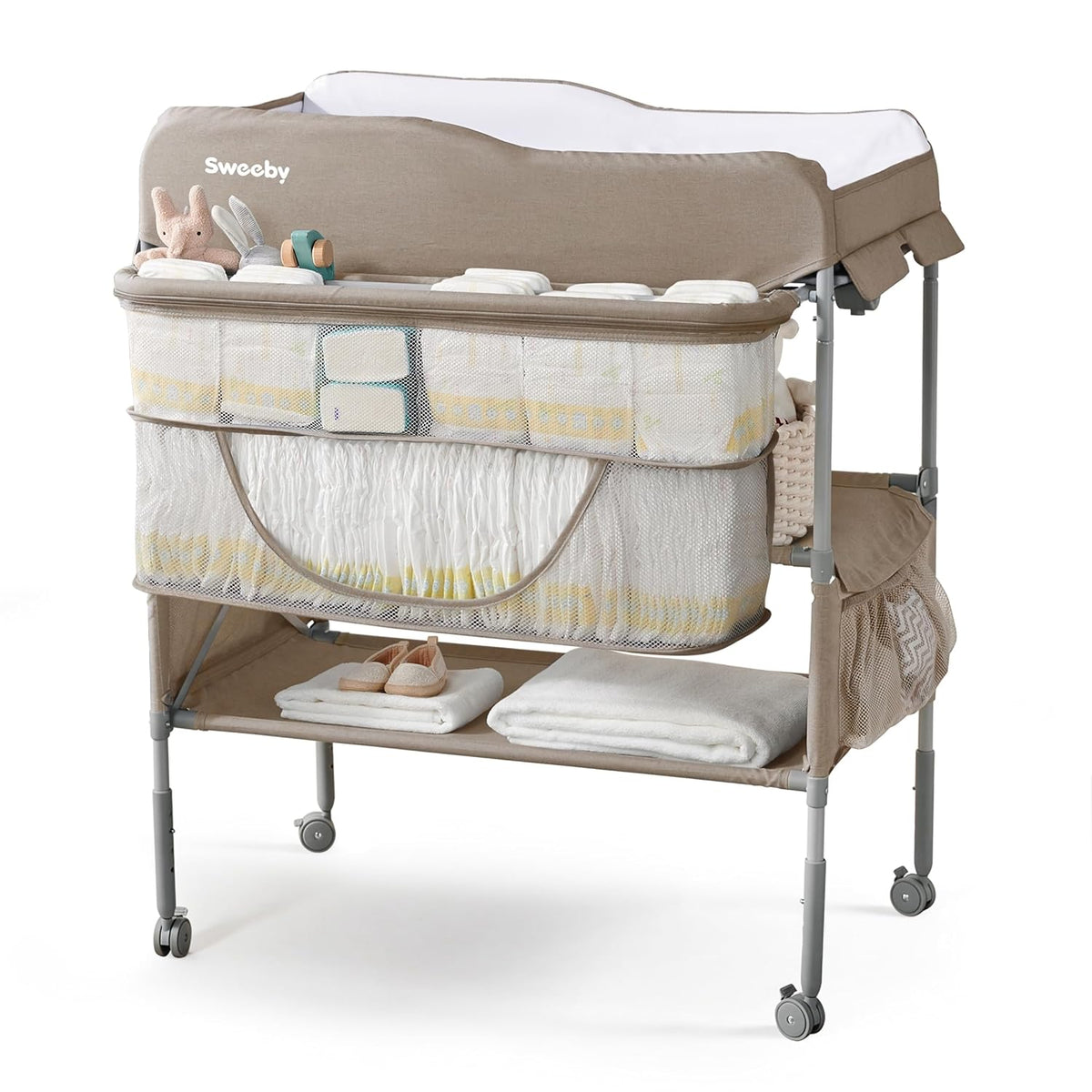 Portable Baby Changing Table, Foldable Changing Table Dresser Changing Station for Infant, Waterproof Diaper Changing Table Pad Topper, Mobile Nursery Organizer for Newborn Essentials,LightGrey