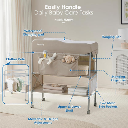 Portable Baby Changing Table, Foldable Changing Table Dresser Changing Station for Infant, Waterproof Diaper Changing Table Pad Topper, Mobile Nursery Organizer for Newborn Essentials,LightGrey