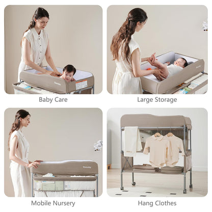 Portable Baby Changing Table, Foldable Changing Table Dresser Changing Station for Infant, Waterproof Diaper Changing Table Pad Topper, Mobile Nursery Organizer for Newborn Essentials,LightGrey