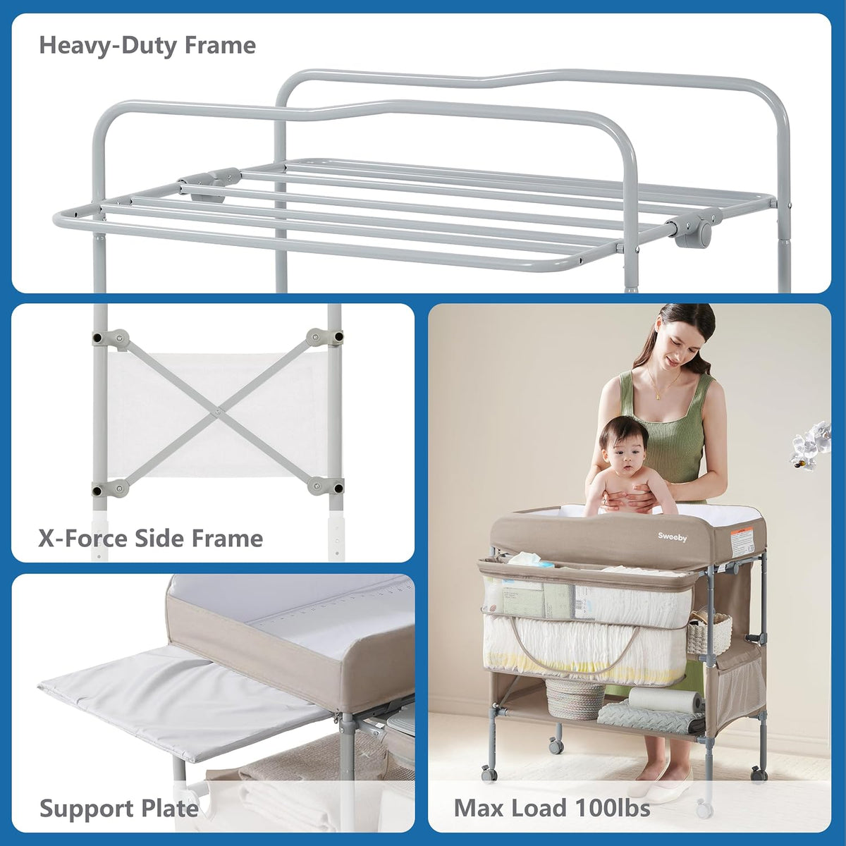 Portable Baby Changing Table, Foldable Changing Table Dresser Changing Station for Infant, Waterproof Diaper Changing Table Pad Topper, Mobile Nursery Organizer for Newborn Essentials,LightGrey