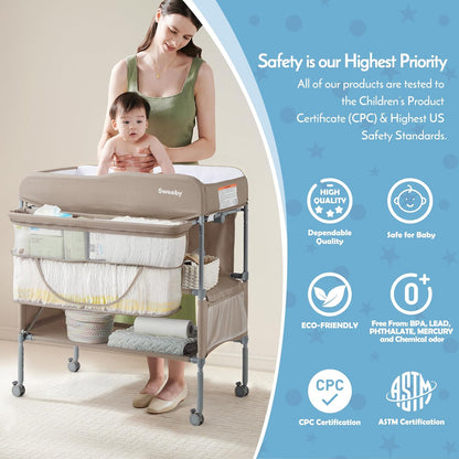 Portable Baby Changing Table, Foldable Changing Table Dresser Changing Station for Infant, Waterproof Diaper Changing Table Pad Topper, Mobile Nursery Organizer for Newborn Essentials,LightGrey