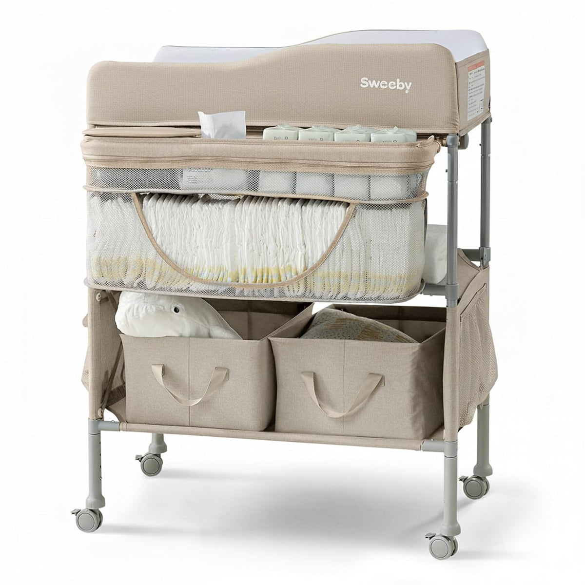Portable Baby Changing Table, Foldable Changing Table Dresser Changing Station for Infant, Waterproof Diaper Changing Table Pad Topper, Mobile Nursery Organizer for Newborn Essentials,LightGrey