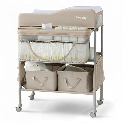 Portable Baby Changing Table, Foldable Changing Table Dresser Changing Station for Infant, Waterproof Diaper Changing Table Pad Topper, Mobile Nursery Organizer for Newborn Essentials,LightGrey